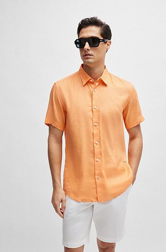 Slim-fit shirt in stretch-linen chambray, Orange