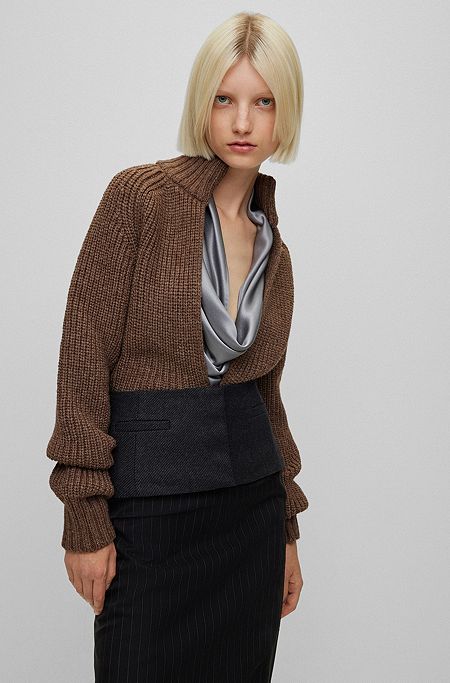 V-neck sweater in a wool and silk blend, Brown