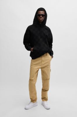 Loose-fit hoodie in cotton terry with checkerboard print, Black