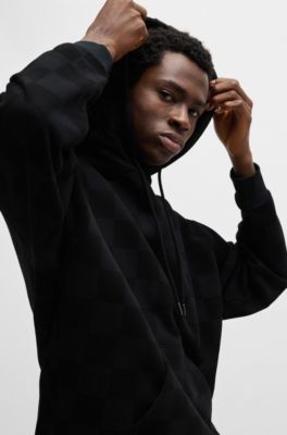 Loose-fit hoodie in cotton terry with checkerboard print, Black