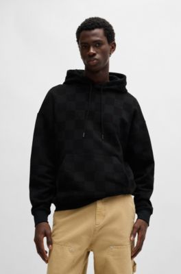 Loose-fit hoodie in cotton terry with checkerboard print, Black