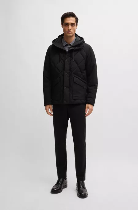 Down jacket in comfort-stretch ripstop with hooded collar