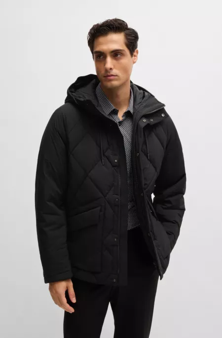 Down jacket in comfort-stretch ripstop with hooded collar