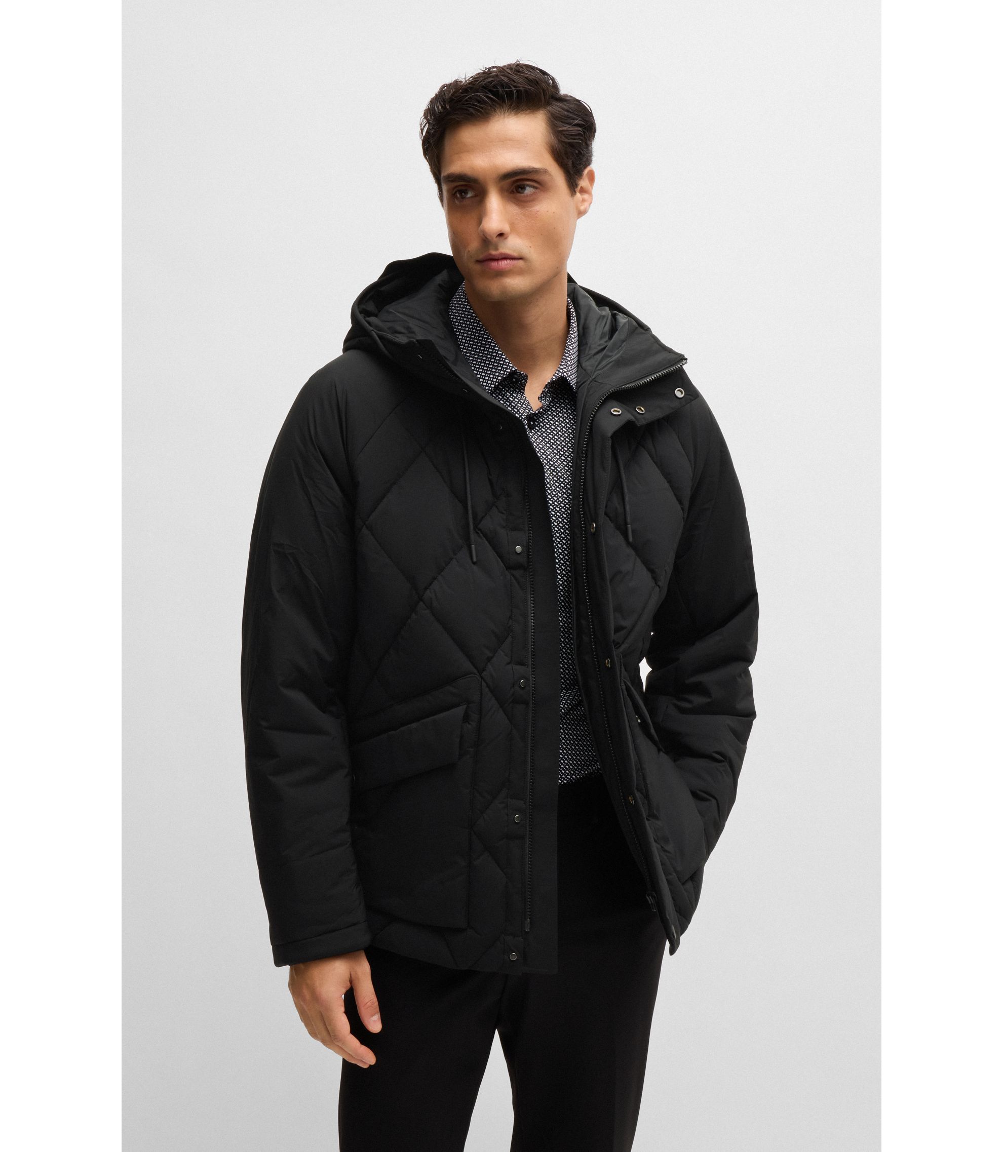 BOSS - Down jacket in comfort-stretch ripstop with hooded collar