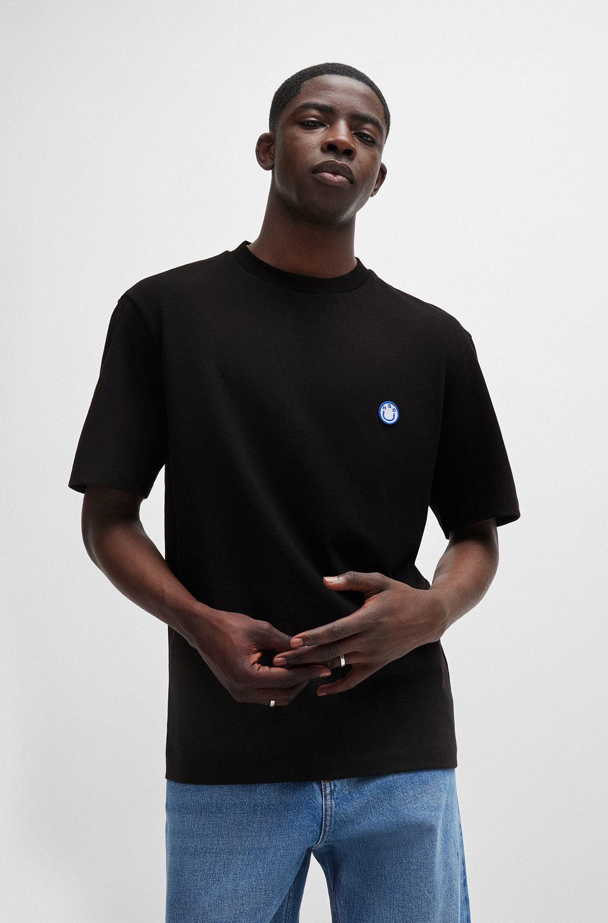 Camiseta de punto de algodón con logo de smiley, Negro