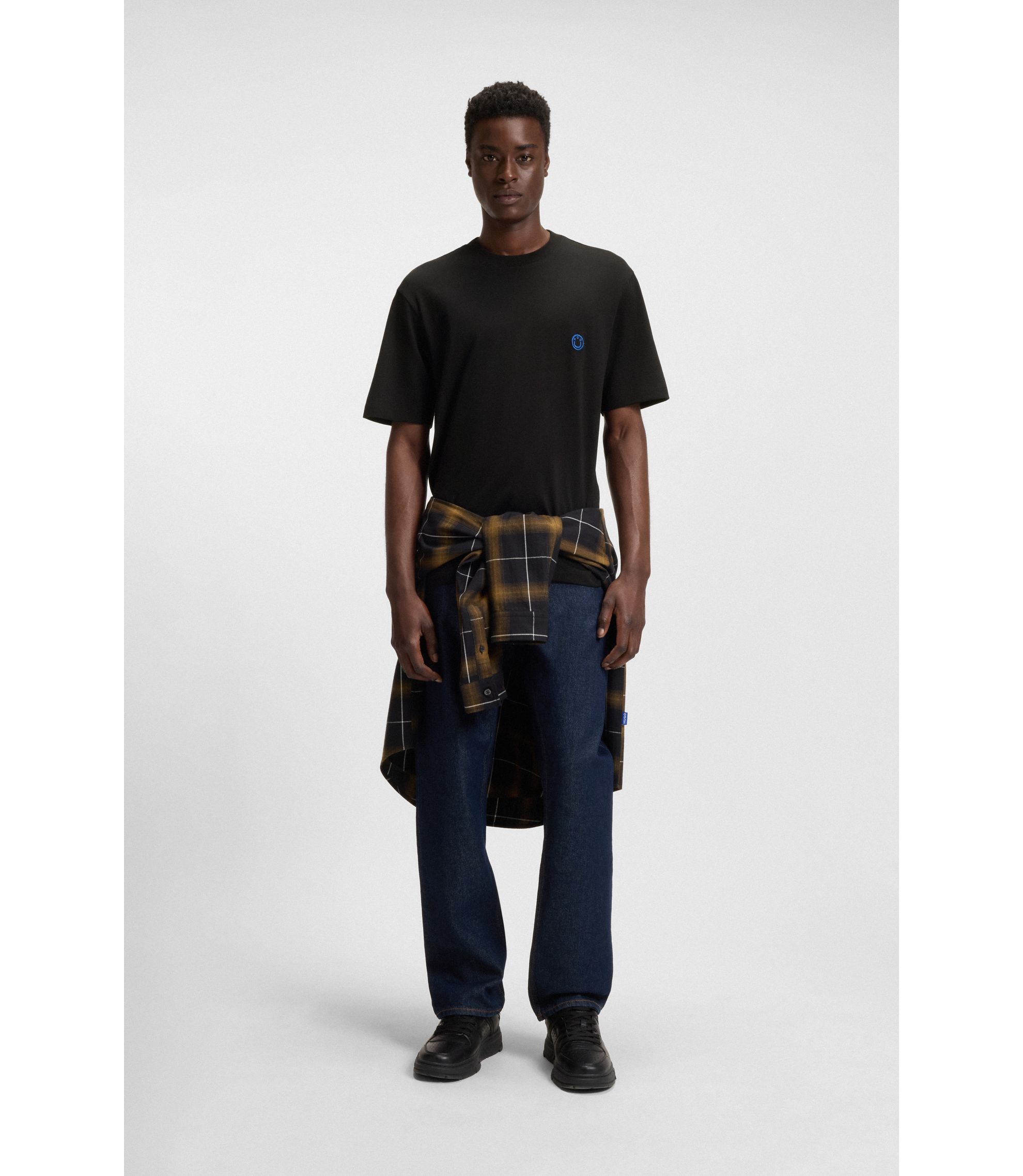 HUGO - Cotton-jersey T-shirt with Happy HUGO logo - Black