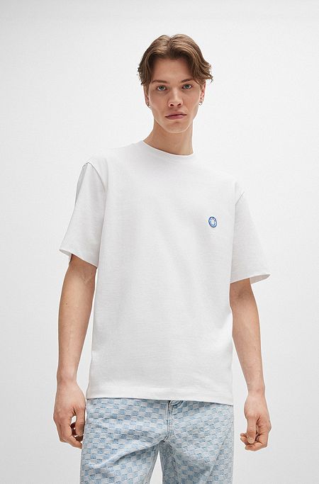 Cotton-jersey T-shirt with smiley-face logo, White