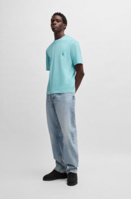 Cotton-jersey T-shirt with Happy HUGO logo, Turquoise