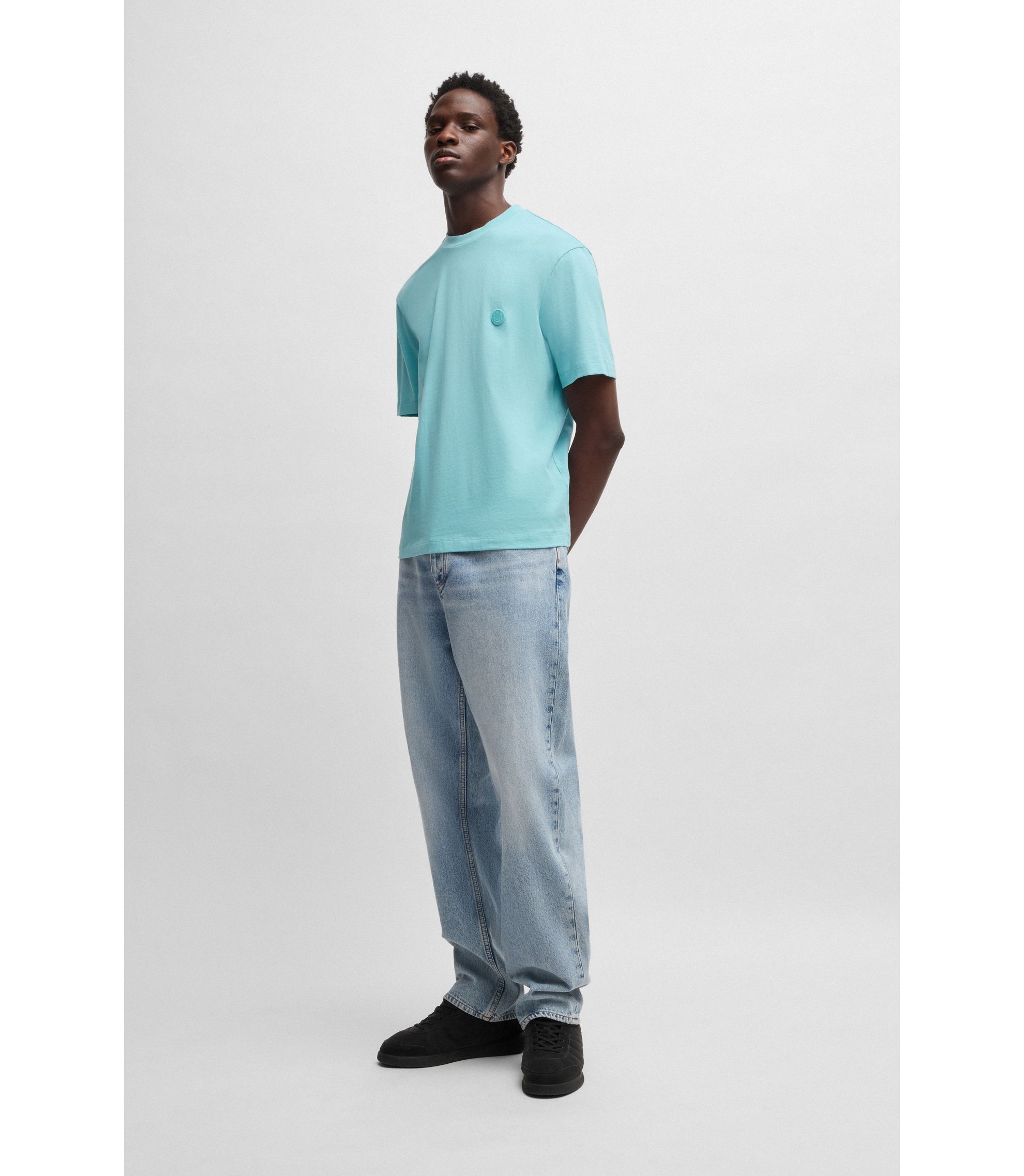 HUGO - Cotton-jersey T-shirt with Happy HUGO logo - Turquoise