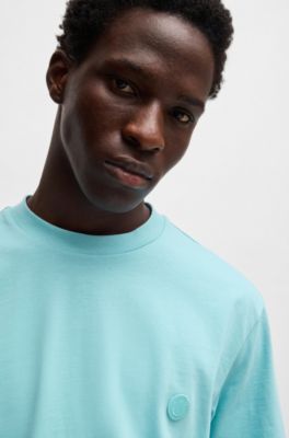 Cotton-jersey T-shirt with Happy HUGO logo, Turquoise