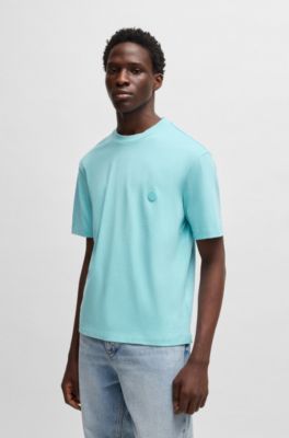 Cotton-jersey T-shirt with Happy HUGO logo, Turquoise