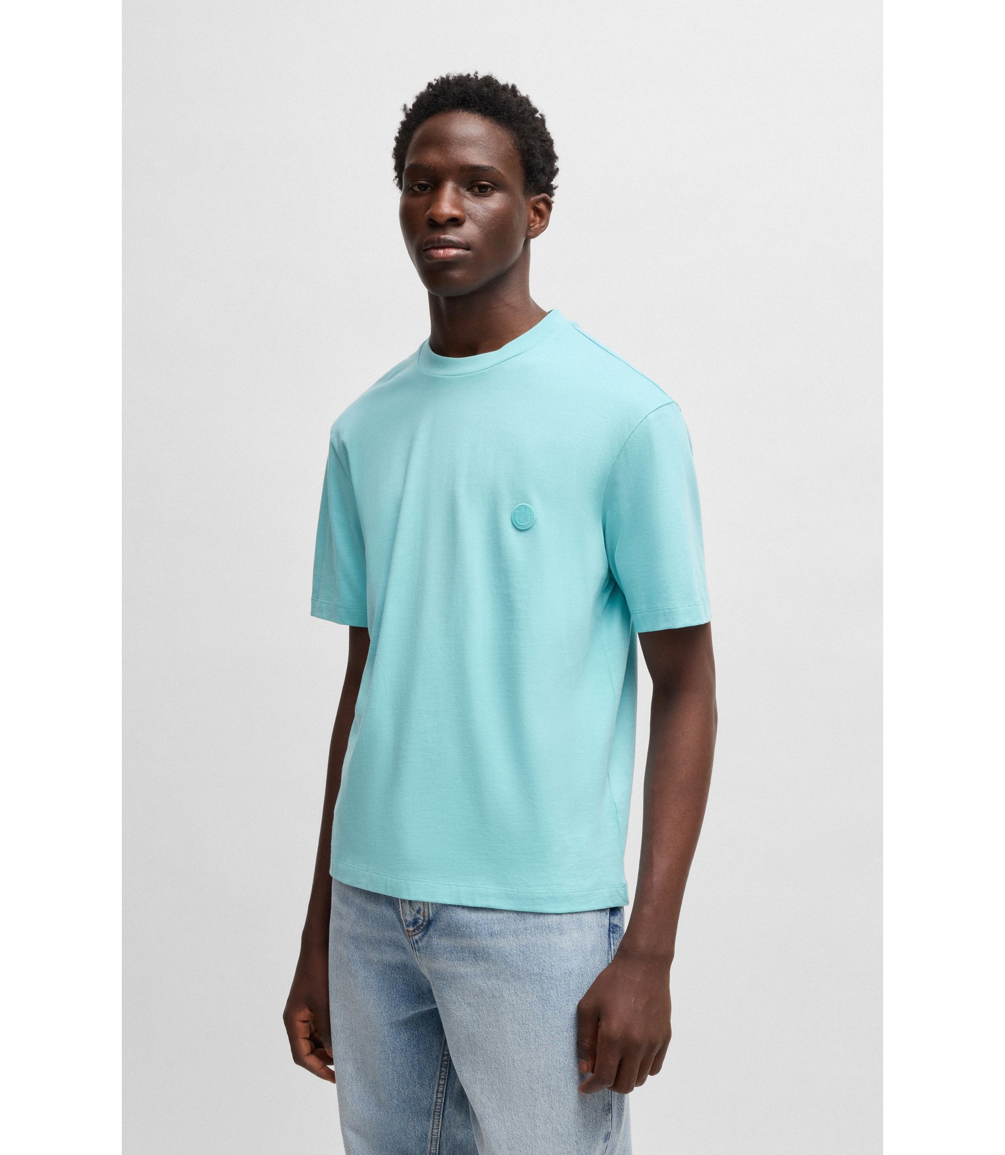 HUGO - Cotton-jersey T-shirt with Happy HUGO logo - Turquoise