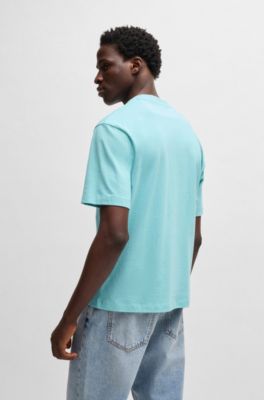 Cotton-jersey T-shirt with Happy HUGO logo, Turquoise