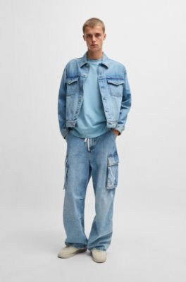 Cotton-jersey T-shirt with Happy HUGO logo, Light Blue