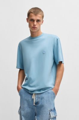 Cotton-jersey T-shirt with Happy HUGO logo, Light Blue