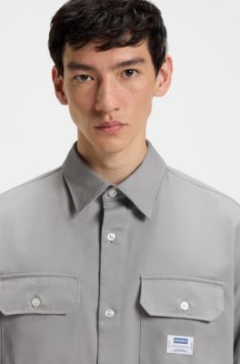 Logo-label shirt in cotton twill, Light Grey