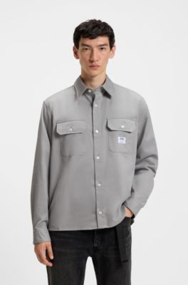Camisa de sarga de algod&oacute;n con etiqueta con logo, Gris claro