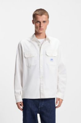Camisa de sarga de algod&oacute;n con etiqueta con logo, Blanco