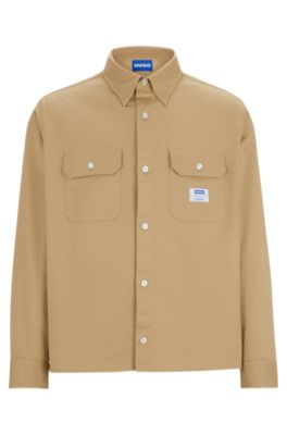 Camisa de sarga de algod&oacute;n con etiqueta con logo, Beige