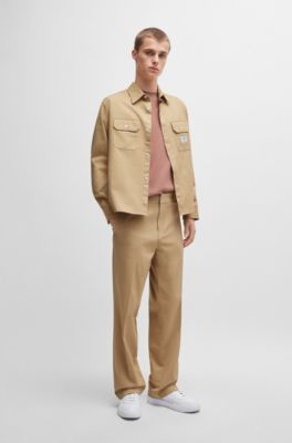 Camisa de sarga de algod&oacute;n con etiqueta con logo, Beige