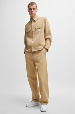 Camisa de sarga de algod&oacute;n con etiqueta con logo, Beige