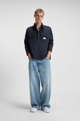 Camisa de sarga de algod&oacute;n con etiqueta con logo, Azul oscuro