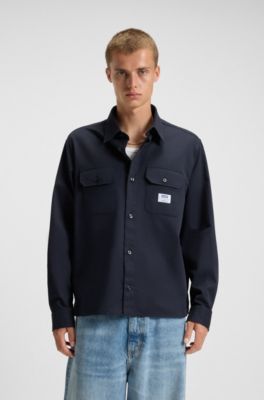 Camisa de sarga de algod&oacute;n con etiqueta con logo, Azul oscuro