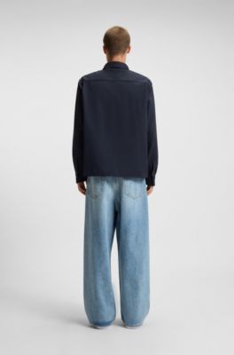 Camisa de sarga de algod&oacute;n con etiqueta con logo, Azul oscuro