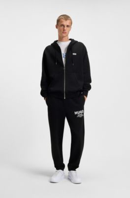 Sudadera de felpa de algod&oacute;n con capucha y logos estampados, Negro