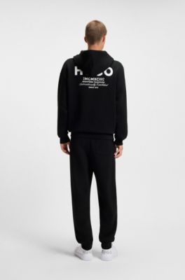 Sudadera de felpa de algod&oacute;n con capucha y logos estampados, Negro