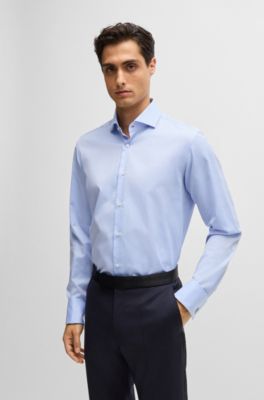 Regular-fit shirt in structured cotton with double cuffs, Light Blue
