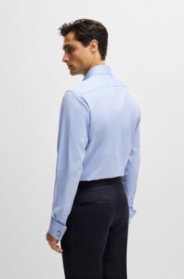 Regular-fit shirt in structured cotton with double cuffs, Light Blue