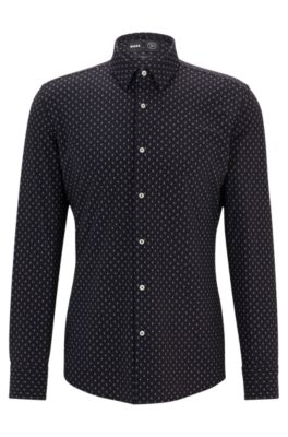 Slim-fit shirt in printed performance-stretch material, Black