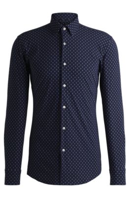 Slim-fit shirt in printed performance-stretch material, Dark Blue