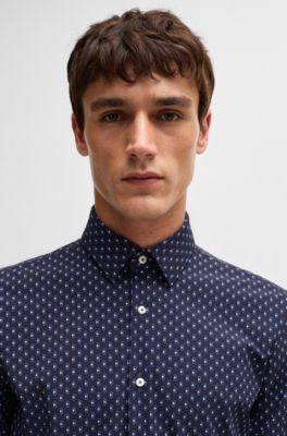 Slim-fit shirt in printed performance-stretch material, Dark Blue