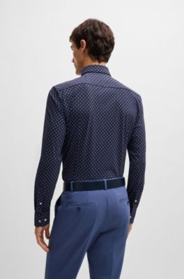 Slim-fit shirt in printed performance-stretch material, Dark Blue