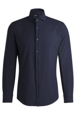 Camisa slim fit en material t&eacute;cnico el&aacute;stico con estructura, Azul oscuro