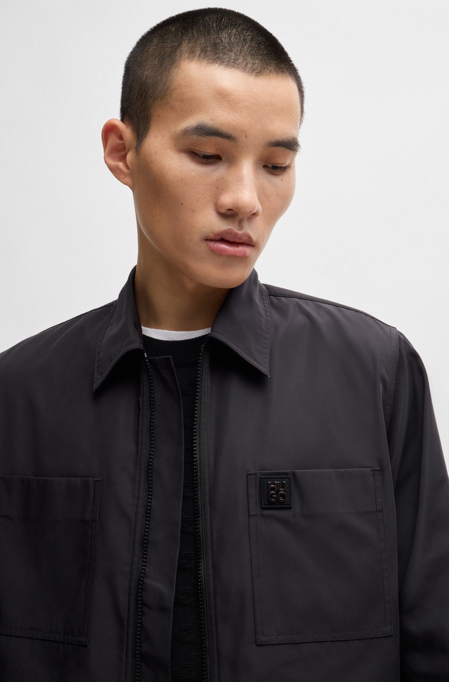 Oversize-fit zip-up shirt with stacked logo trim