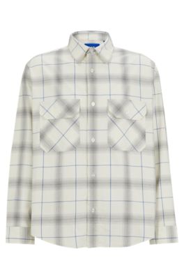 Camisa oversize fit en sarga de algod&oacute;n a cuadros, Blanco