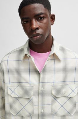 Camisa oversize fit en sarga de algod&oacute;n a cuadros, Blanco