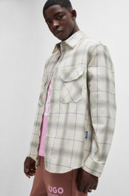 Camisa oversize fit en sarga de algod&oacute;n a cuadros, Blanco