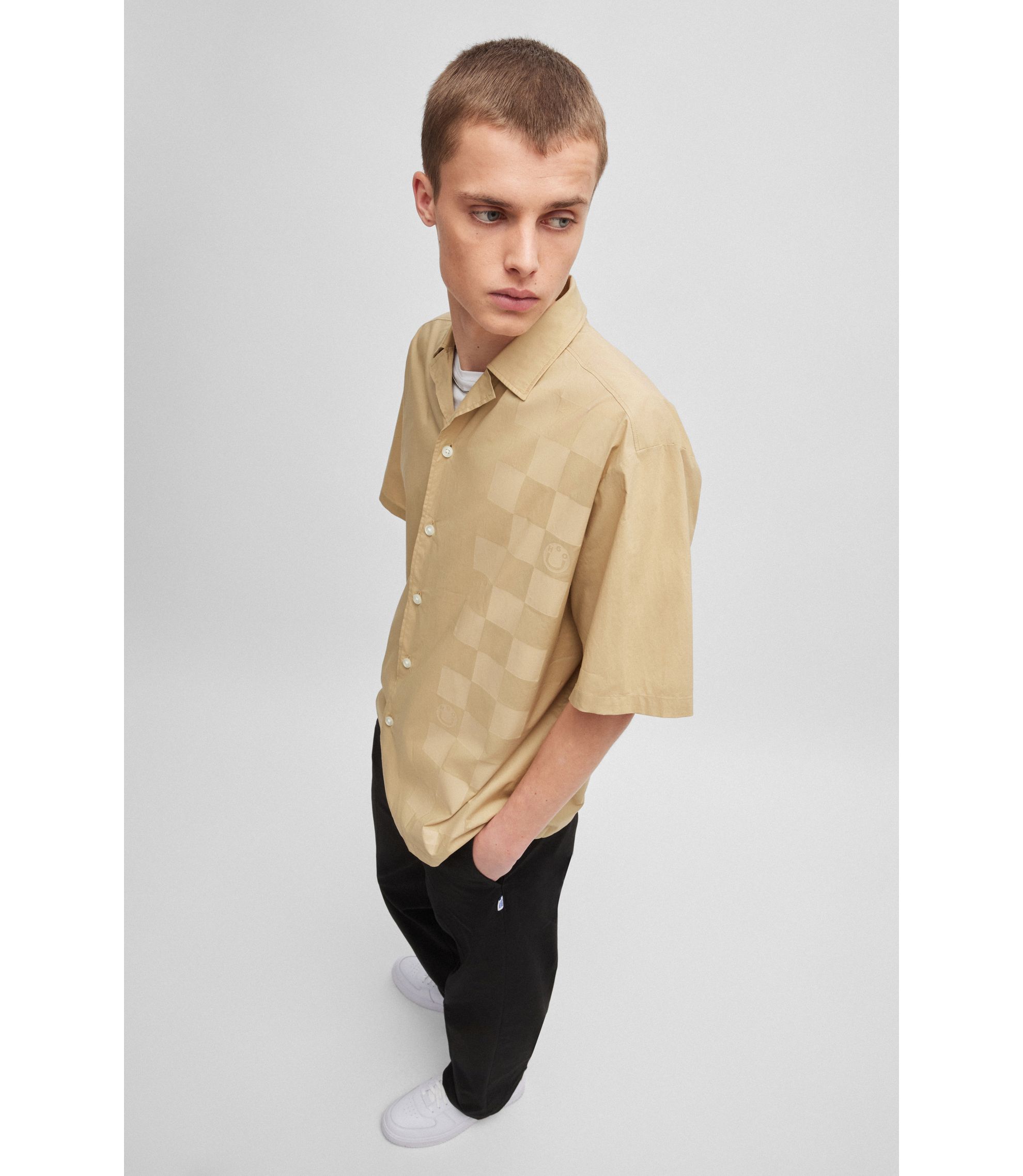 HUGO - Oversize-fit shirt with print - Beige