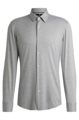 Shop Hugo Boss Slim-fit Shirt In Melange Performance-stretch Jersey In Silver