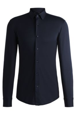 Hugo Boss Slim-fit Shirt In Melange Performance-stretch Jersey In Dark Blue