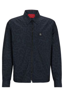 HUGO Oversize fit shirt jacket in animal print canvas Black