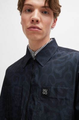 Sobrecamisa oversize fit en lona con estampado animal, Negro