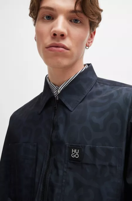 Oversize-fit shirt jacket in animal-print canvas