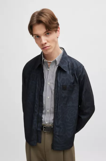 Oversize-fit shirt jacket in animal-print canvas