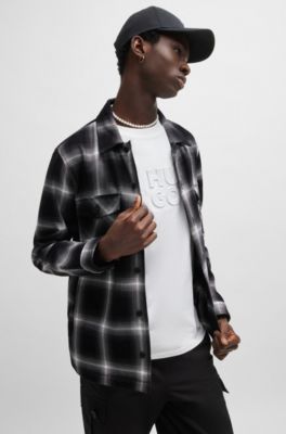 Camisa oversize fit en sarga de algod&oacute;n a cuadros, Negro