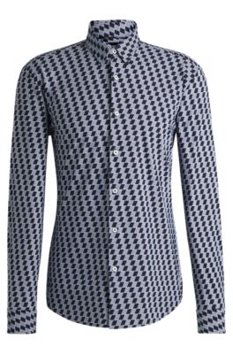 Camisa slim fit en punto t&eacute;cnico el&aacute;stico estampado, Azul oscuro